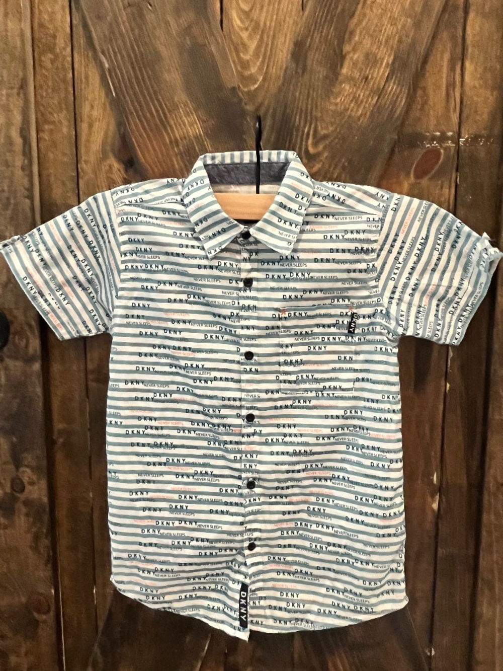 DKNY Blue and White Striped -Short Sleeve-Button Down Shirt-Boys Size 7